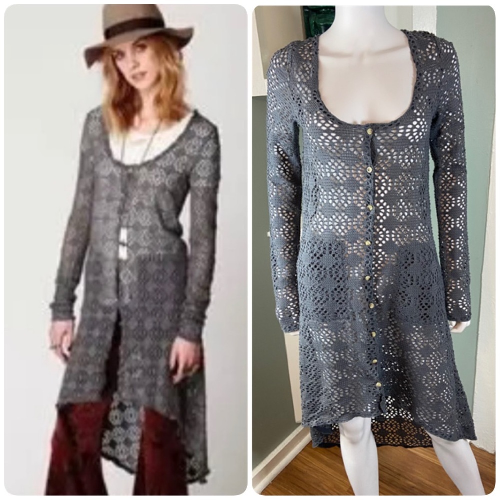 Free People FP Beach Love Song Crochet Cardigan Duster Cardigan High Low Sheer